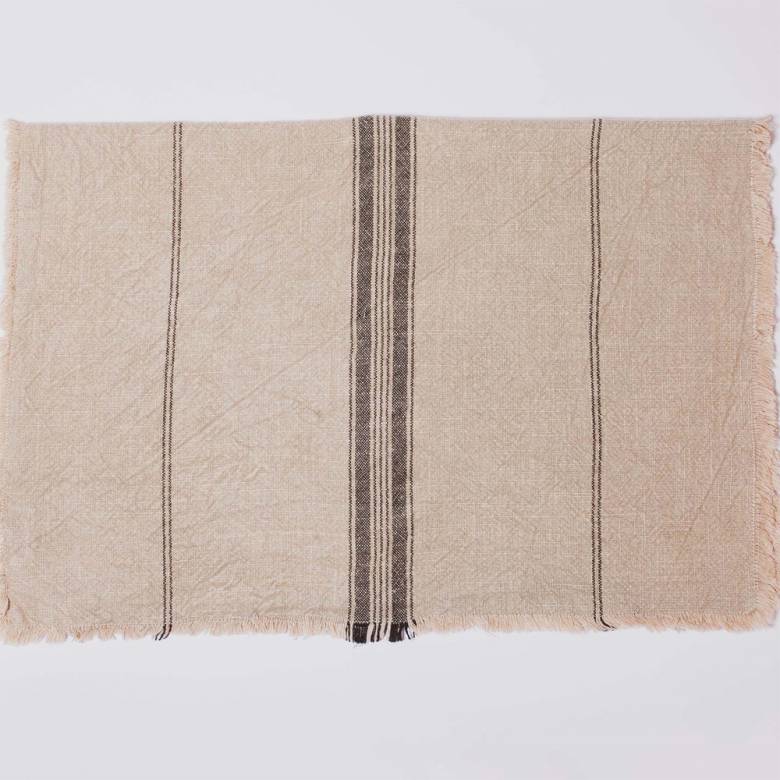 Striped Cotton Tea Towel With Fringing In Khaki