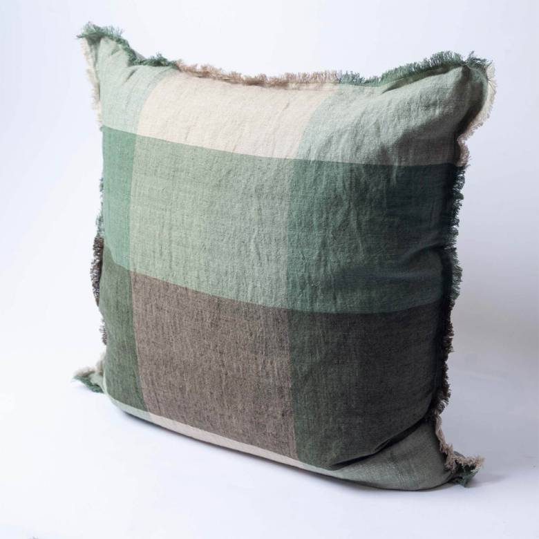 Square Green Checked Linen Cushion 60x60cm