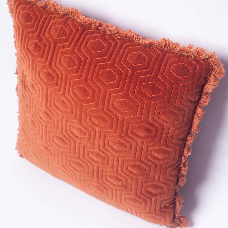 Square Patterned Orange Cushion With Fringing 45x45cm