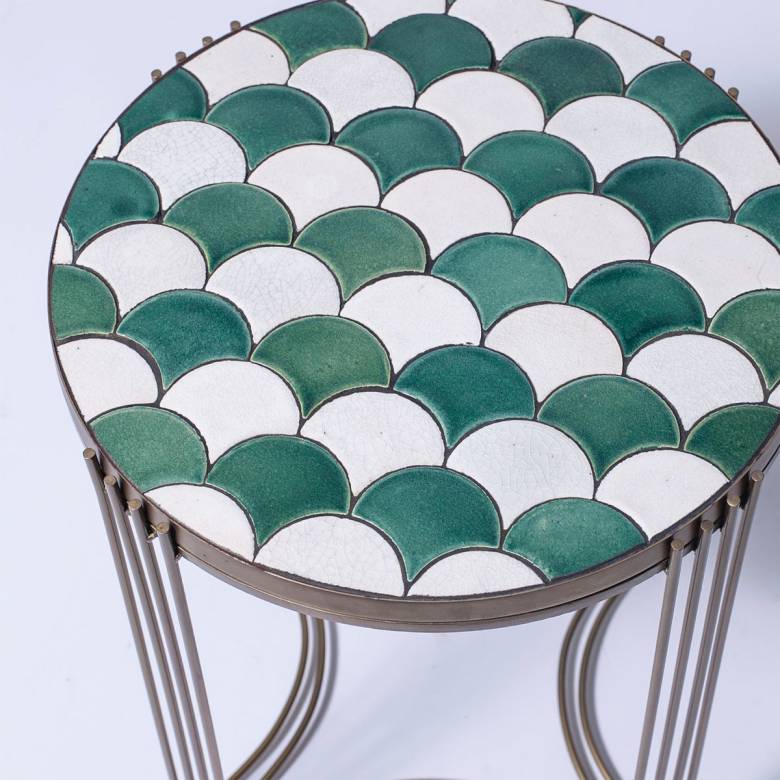 Side Table With Fish Scale Tiles & Brass Frame H:50cm