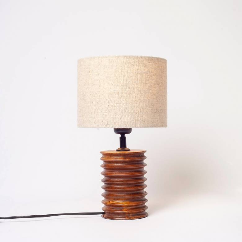 Wooden Ribbed Lamp With Light Cylindrical Shade