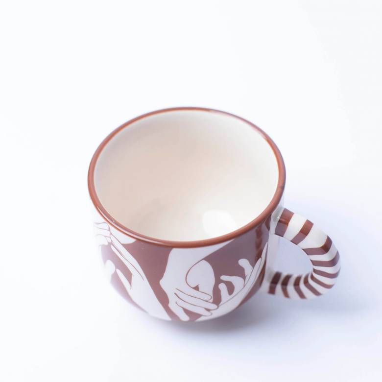 Small Mug With Brown Hand Print & Striped Handle H:6.5cm