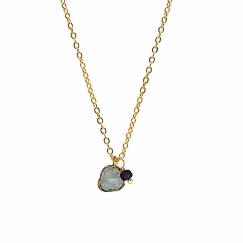 Aquamarine Slice And Sapphire Pendant On Gold Necklace