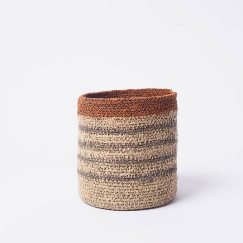 Small Seagrass Basket With Grey Stripes & Orange Trim