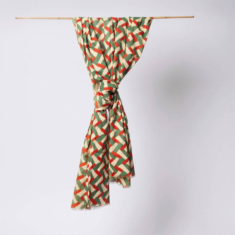 Cotton Scarf/ Sarong In Red & Green Geometric Print