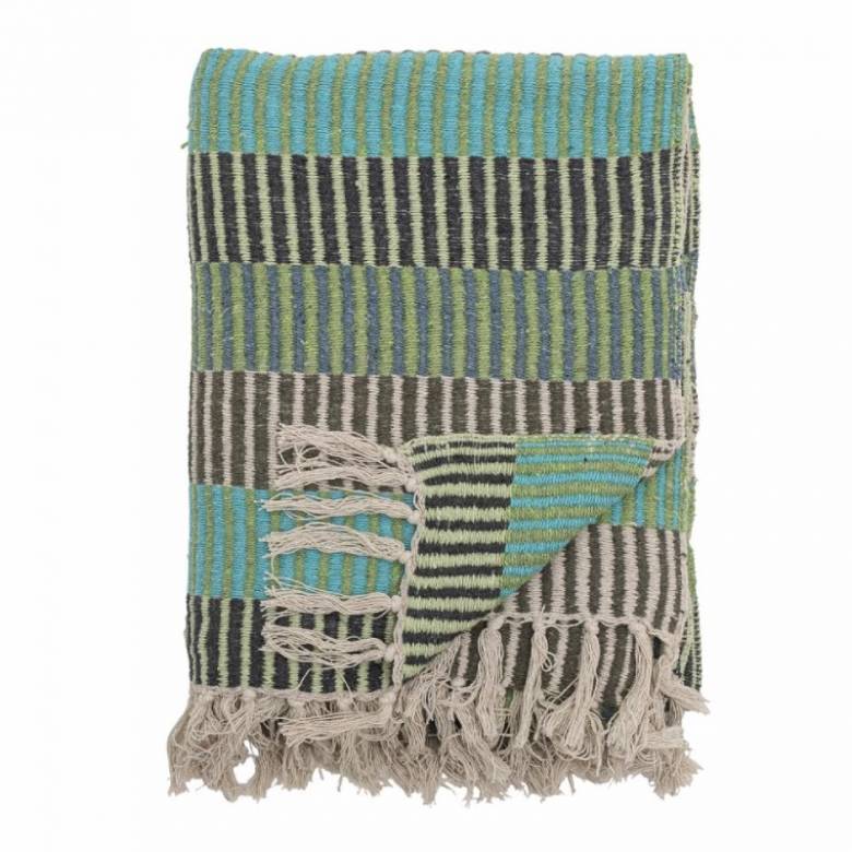 Blue, Green & Grey Striped Recycled Cotton Blanket Throw