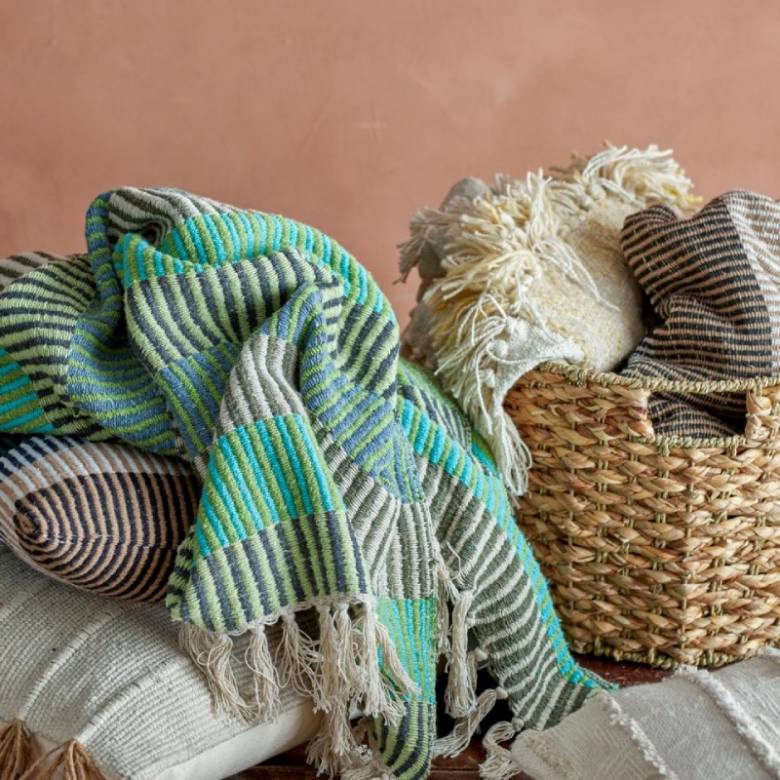 Blue, Green & Grey Striped Recycled Cotton Blanket Throw