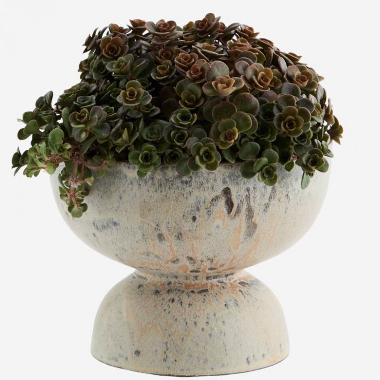 Bowl Shaped Flower Pot On Plinth In Grey & White H:14.5cm