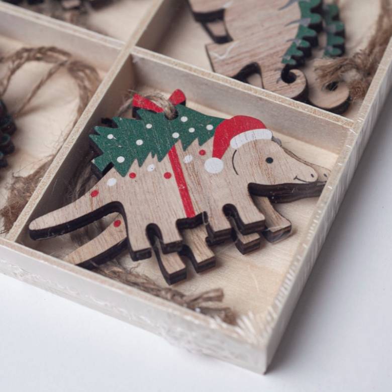 Box Of 8 Wooden Dinosaur Hanging Christmas Decorations