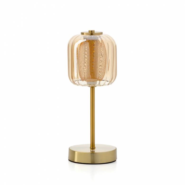 Brass Rechargeable Table Lamp with Ribbed Amber Glass Shade