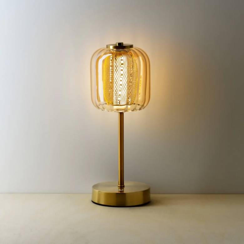 Brass Rechargeable Table Lamp with Ribbed Amber Glass Shade