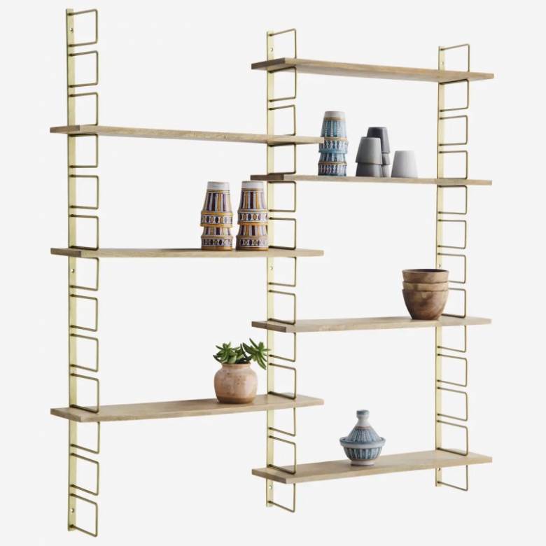 Brass Shelving Unit With 6 Adjustable Wooden Shelves