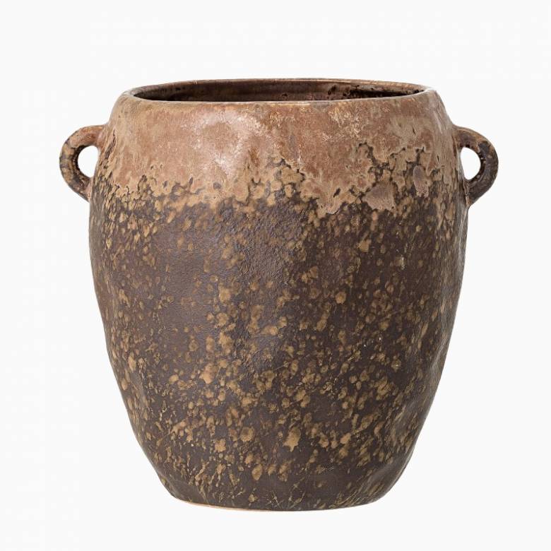 Brown Curved Stoneware Vase Pot With Tiny Handles
