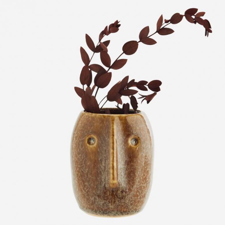 Brown Stoneware Curved Face Vase 10cm