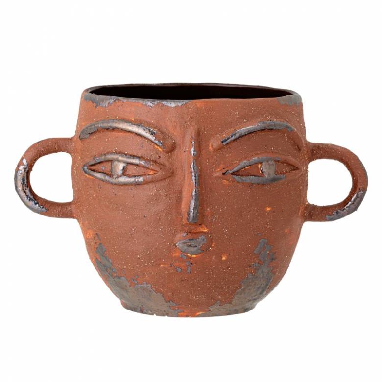 Brown Stoneware Face Vase WIth Ear Handles H:16.5cm
