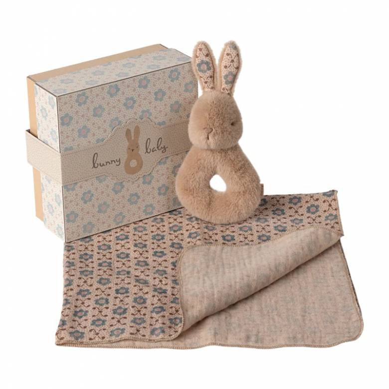 Bunny Rattle & Cloth Set In Cream Peach By Maileg