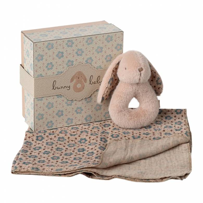 Bunny Rattle & Cloth Set In Powder By Maileg