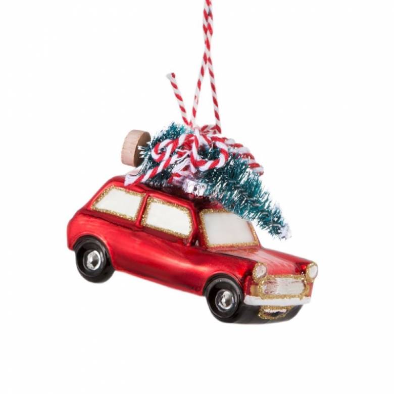 Car With Christmas Tree Hanging Glass Christmas Decoration