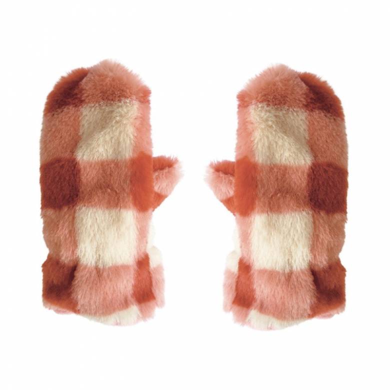 Children's Furry Checked Mittens In Coral By Rockahula 3-6 Years