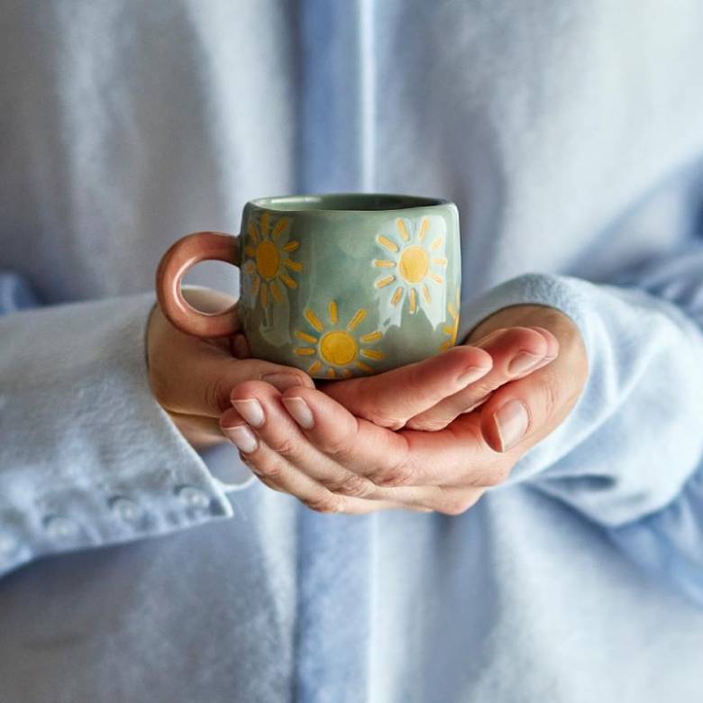 Children's Hand-painted Stoneware Mug In Blue With Suns Print