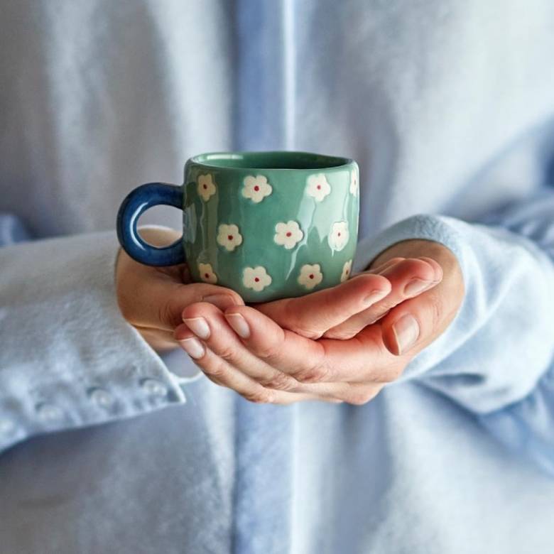 Children's Hand-painted Stoneware Mug In Blue With White Flowers