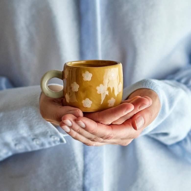 Children's Handpainted Stoneware Mug In Brown With White Flowers