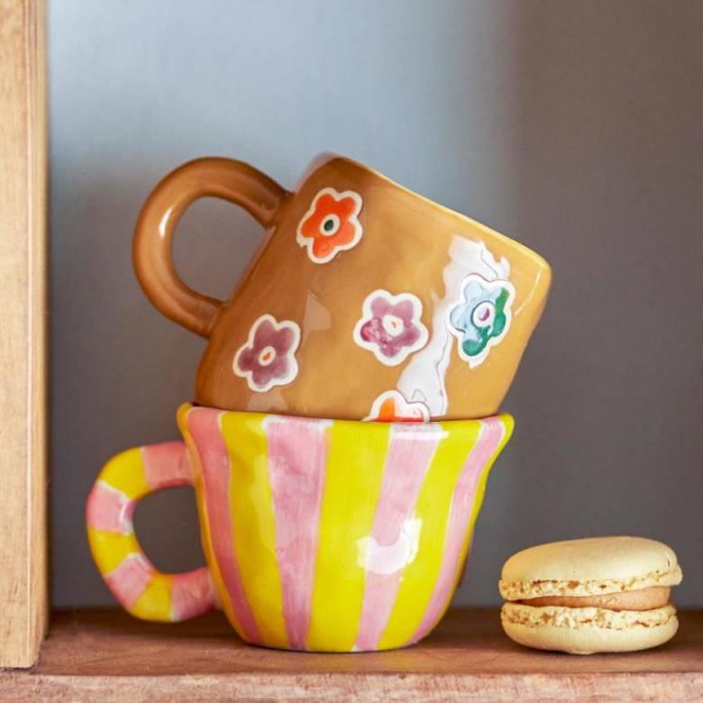 Children's Hand-painted Stoneware Mug In Flower Brown