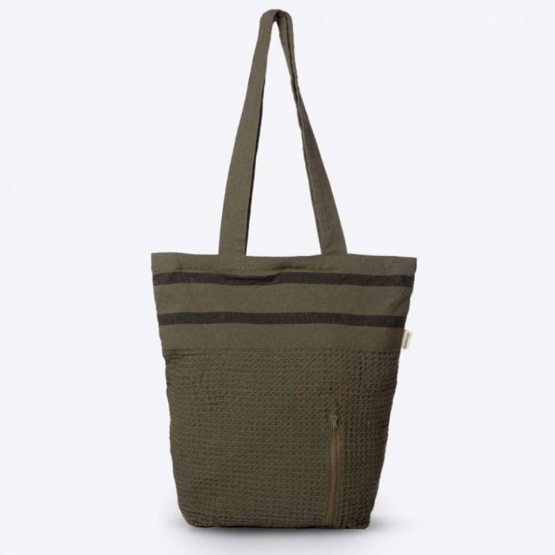 Cotton Waffle Tote Bag With Stripes In Khaki