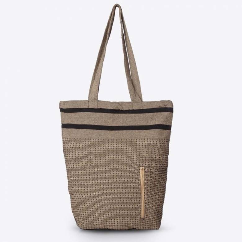 Cotton Waffle Tote Bag With Stripes In Stone