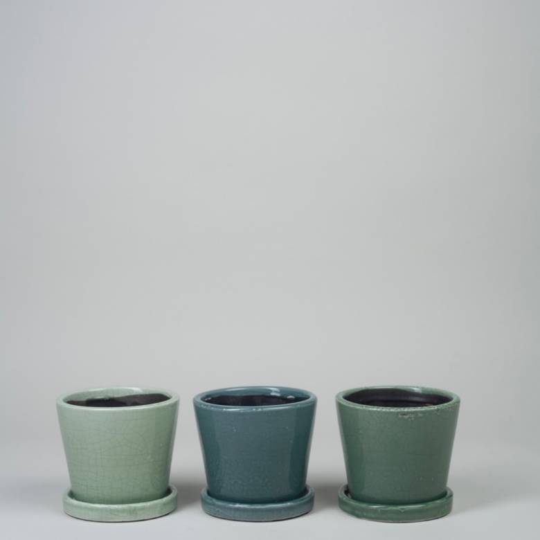 Crackle Glaze Plant Pot With Saucer - Various Colours