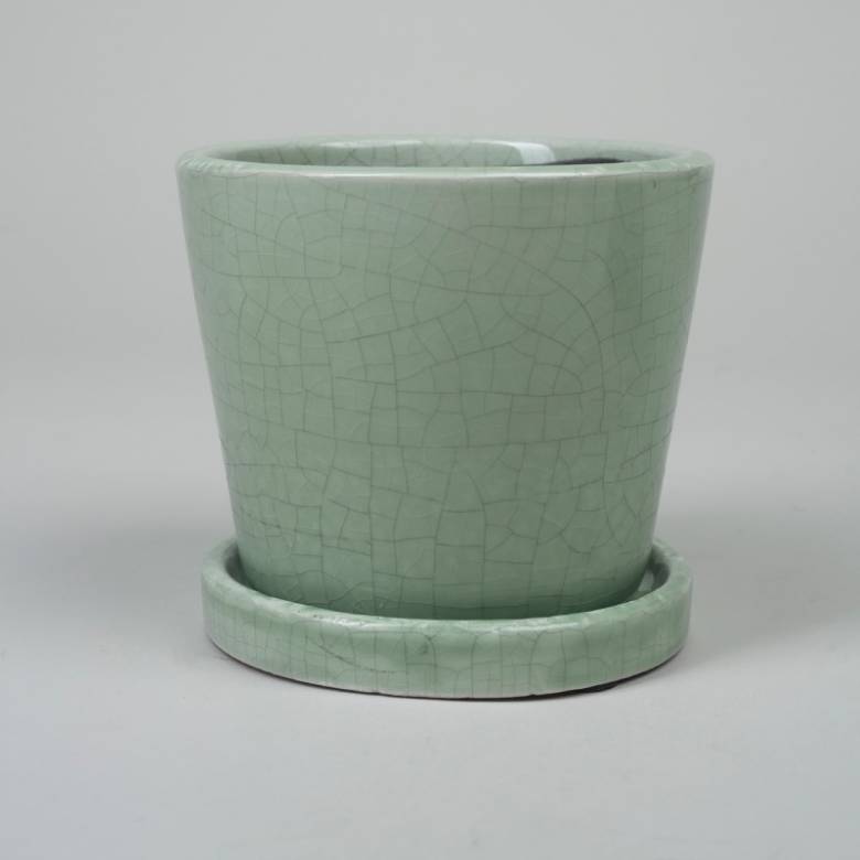 Crackle Glaze Plant Pot With Saucer - Various Colours