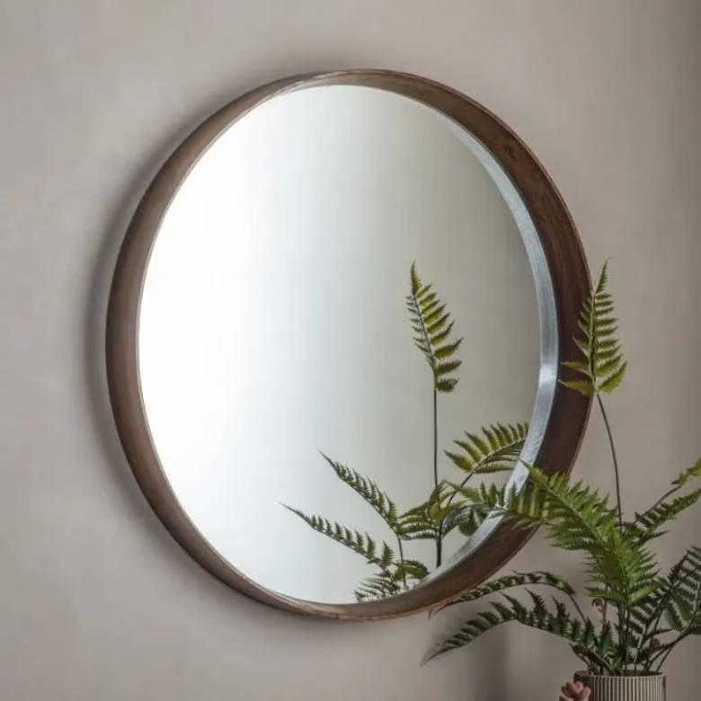 Diane Wooden Round Mirror In Walnut