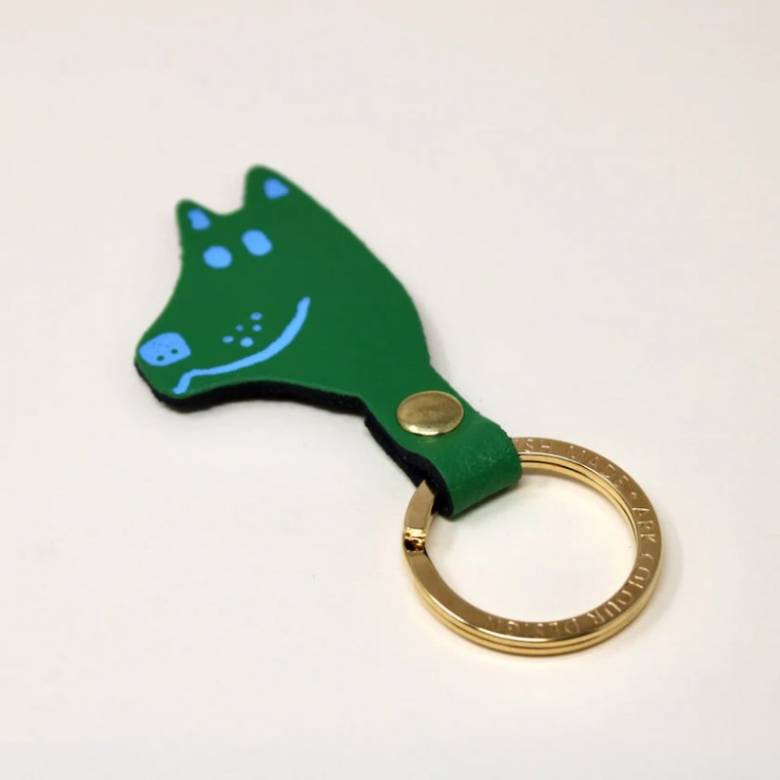 Dog Head Leather Keyring In Green