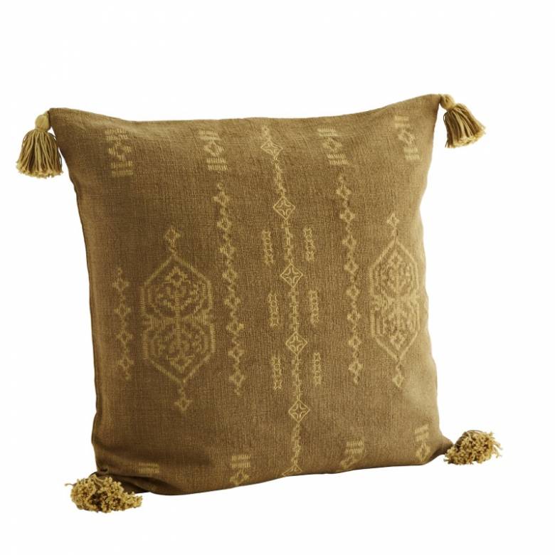 Embroidered Cushion With Tassels In Mustard 50x50cm