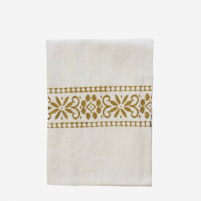 Embroidered Tea Towel With Mustard Detail