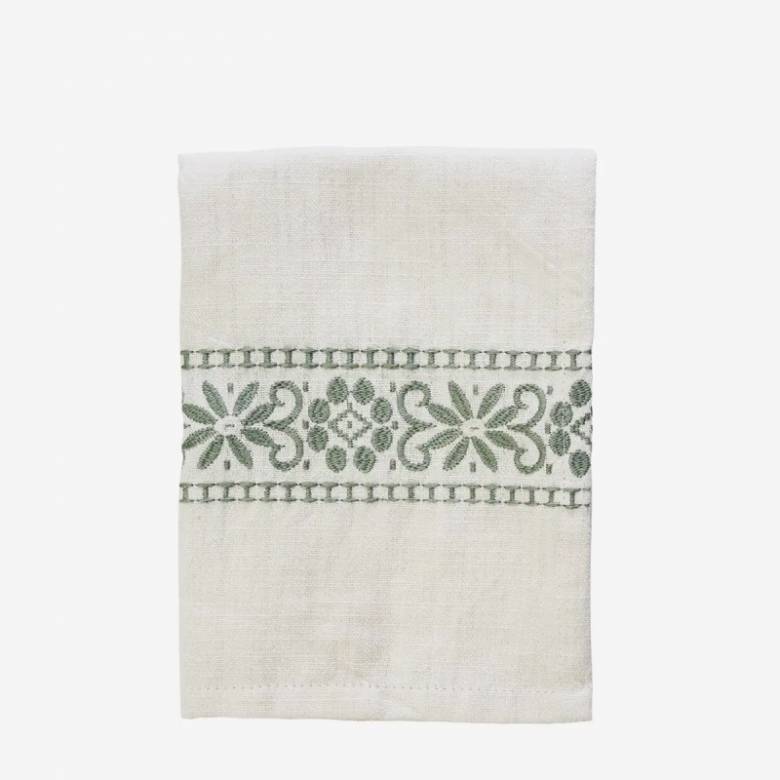 Embroidered Tea Towel With Sage Detail