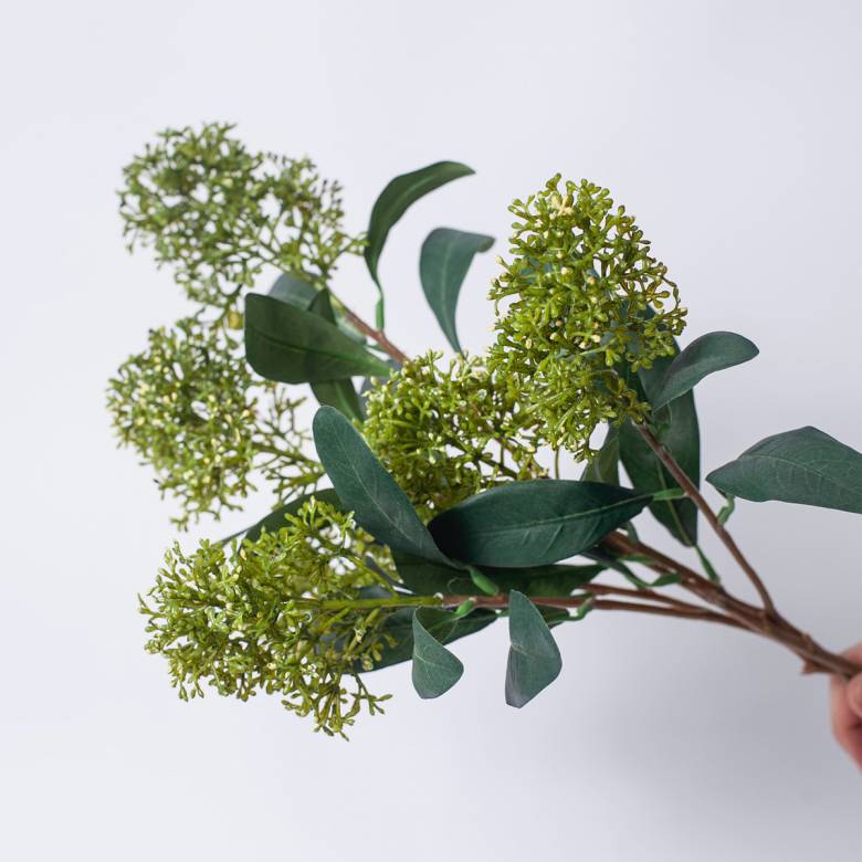 Faux Green Skimmia Spray With Leaves Single Stem