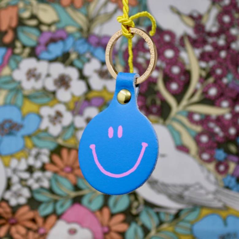 Feeling Lush Smiley Leather Keyring In Cornflower Blue