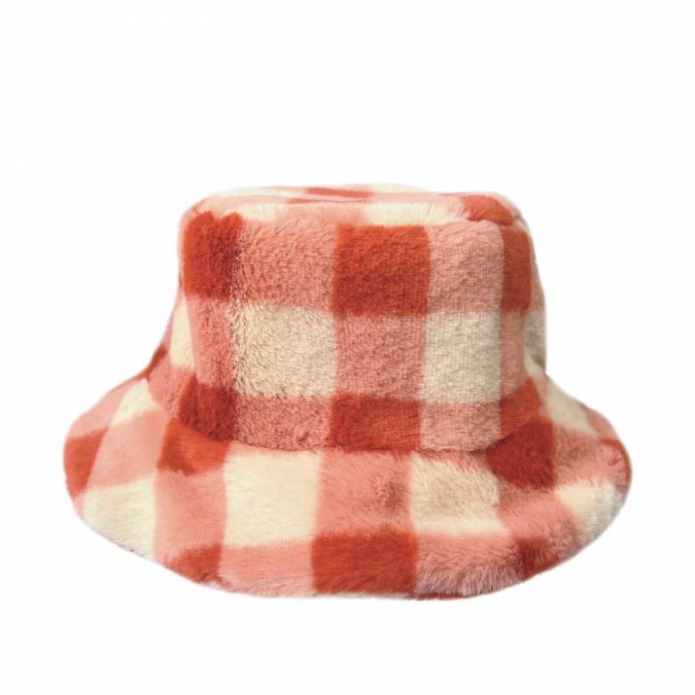 Furry Checked Bucket Hat In Coral By Rockahula 3-6 Years
