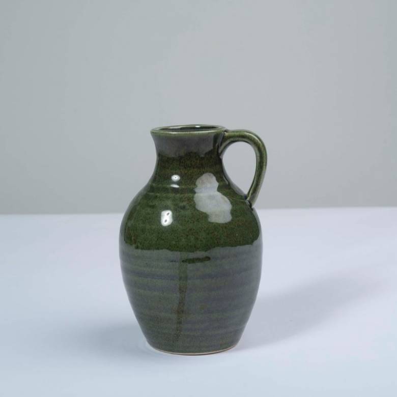 Glazed Ceramic Jug Vase With Handle In Olive Green
