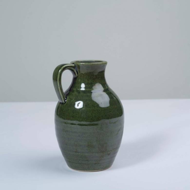 Glazed Ceramic Jug Vase With Handle In Olive Green