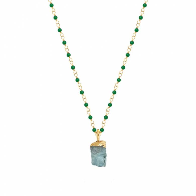 Green Onyx Rosary Necklace With Raw Aquamarine Pendant