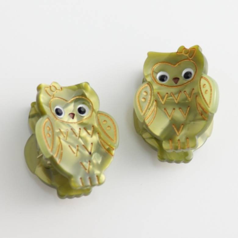 Green Owls - Pair Of Claw Hair Clips