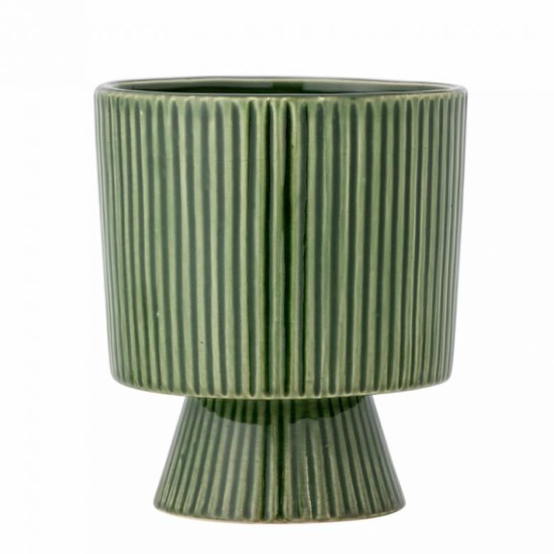 Green Striped Flower Pot On Plinth H:12.5cm