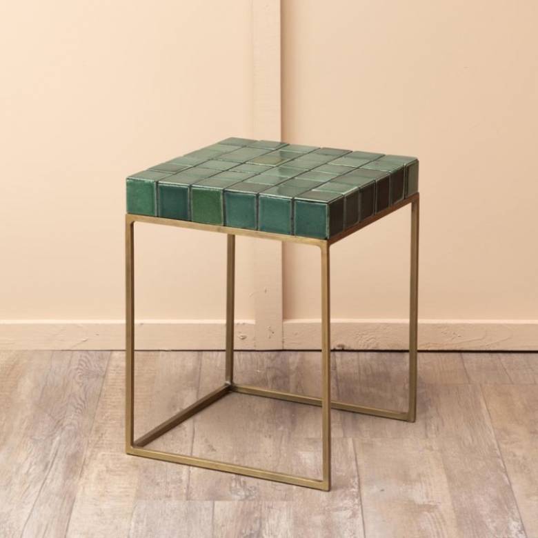 Green Tile Topped Side Table With Brass Frame