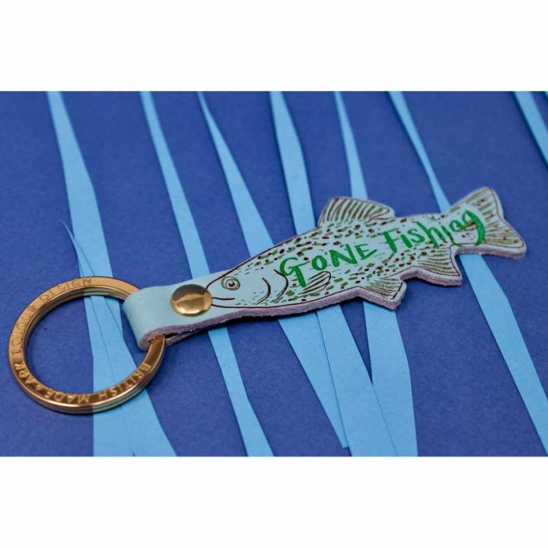 Hand Painted Gone Fishing Keyring In Pale Blue
