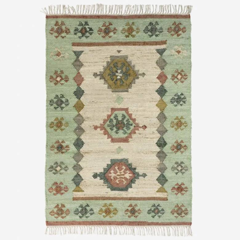 Handwoven Jute Rug In Green With Geometric Patterns