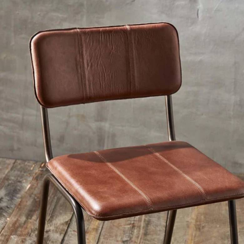 Industrial Style Metal Dining Chair In Chocolate Leather