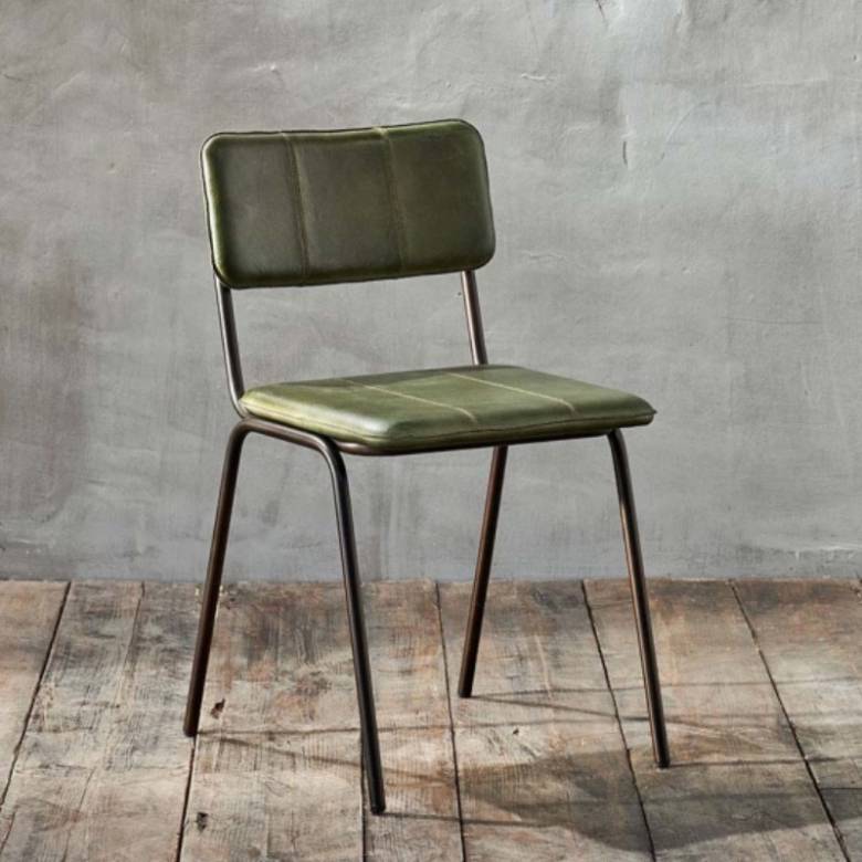 Industrial Style Metal Dining Chair In Green Leather