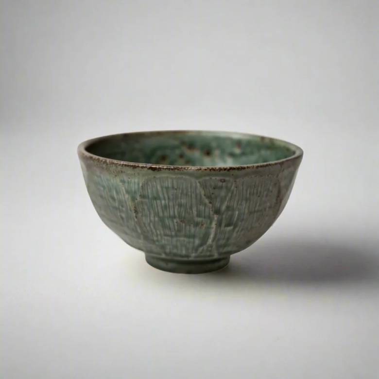 Japanese Etched Angled Ceramic Bowl In Jade Green